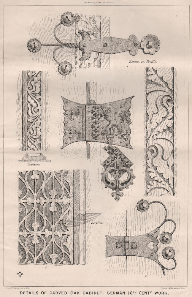 Details of carved oak cabinet, German 16th Centy. Work. Trees 1868 old print